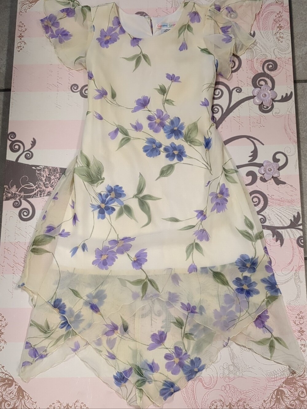 Girls' Floral Handkerchief Hem Dress with Lavender Blooms